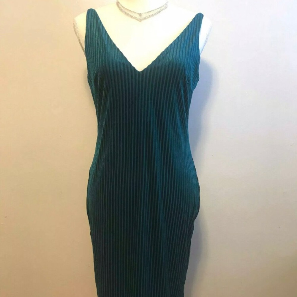 Teal Ribbed Velvet Bodycon Dress V-Neckline LARGE